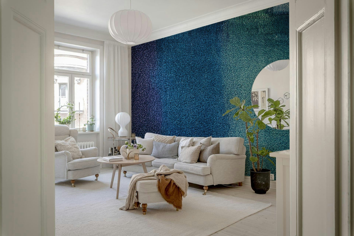 Textured wall mural in indigo tones with artistic depth and movement