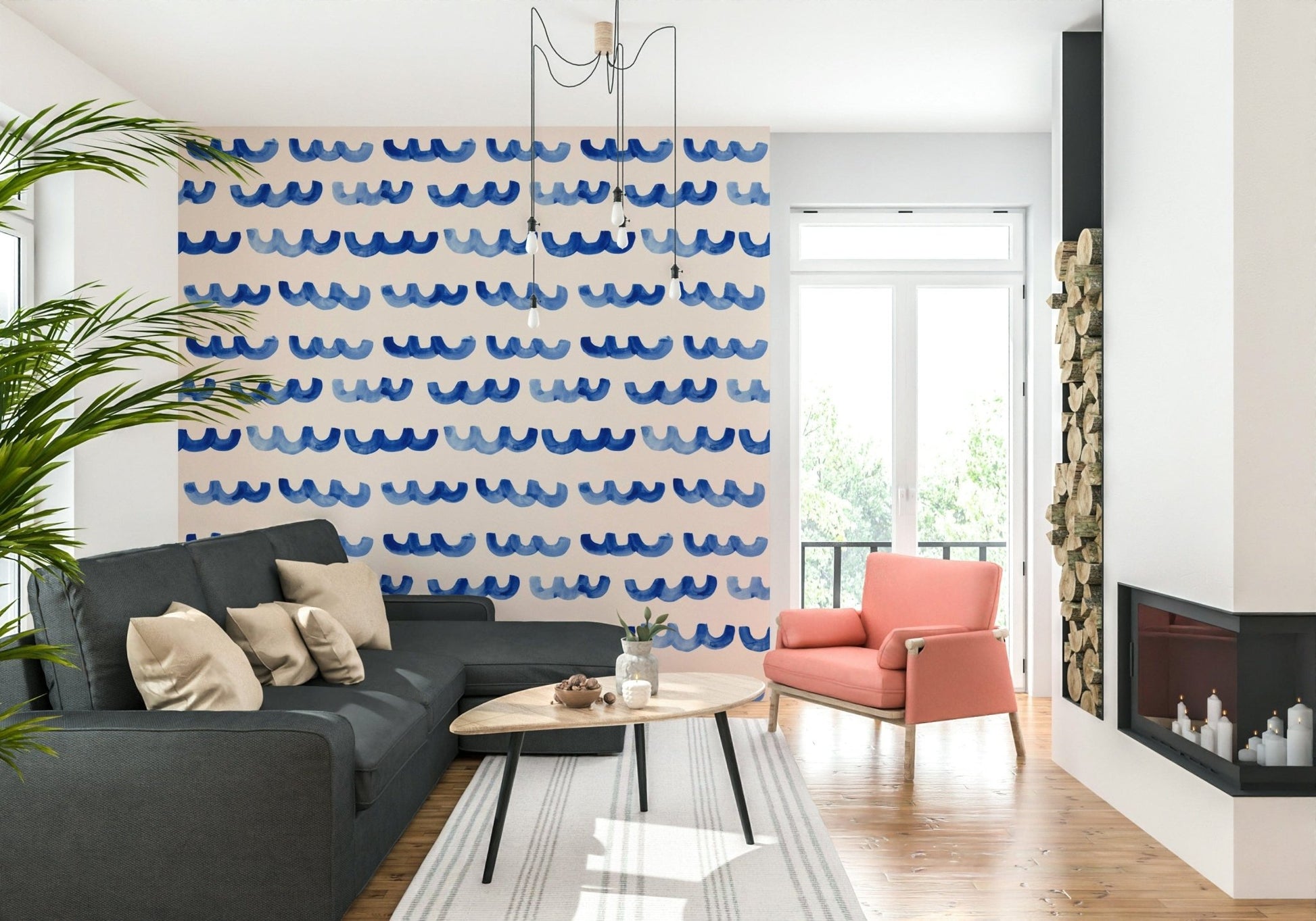Abstract indigo waves wallpaper with smooth, hand-painted textures.
