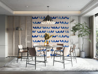 Indigo watercolor wall mural featuring sweeping, rhythmic wave forms.