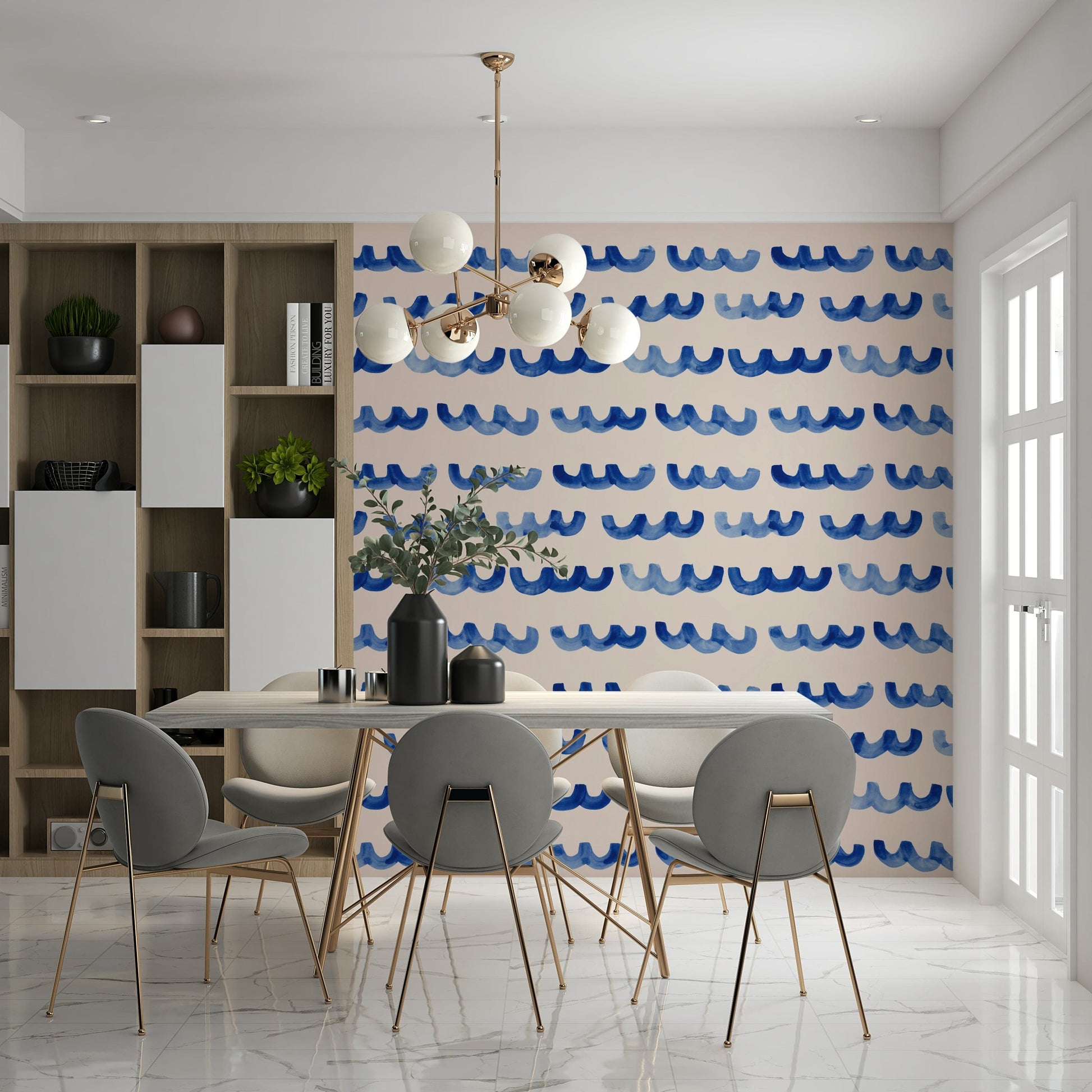 Hand-painted indigo waves forming an elegant, fluid wall pattern.
