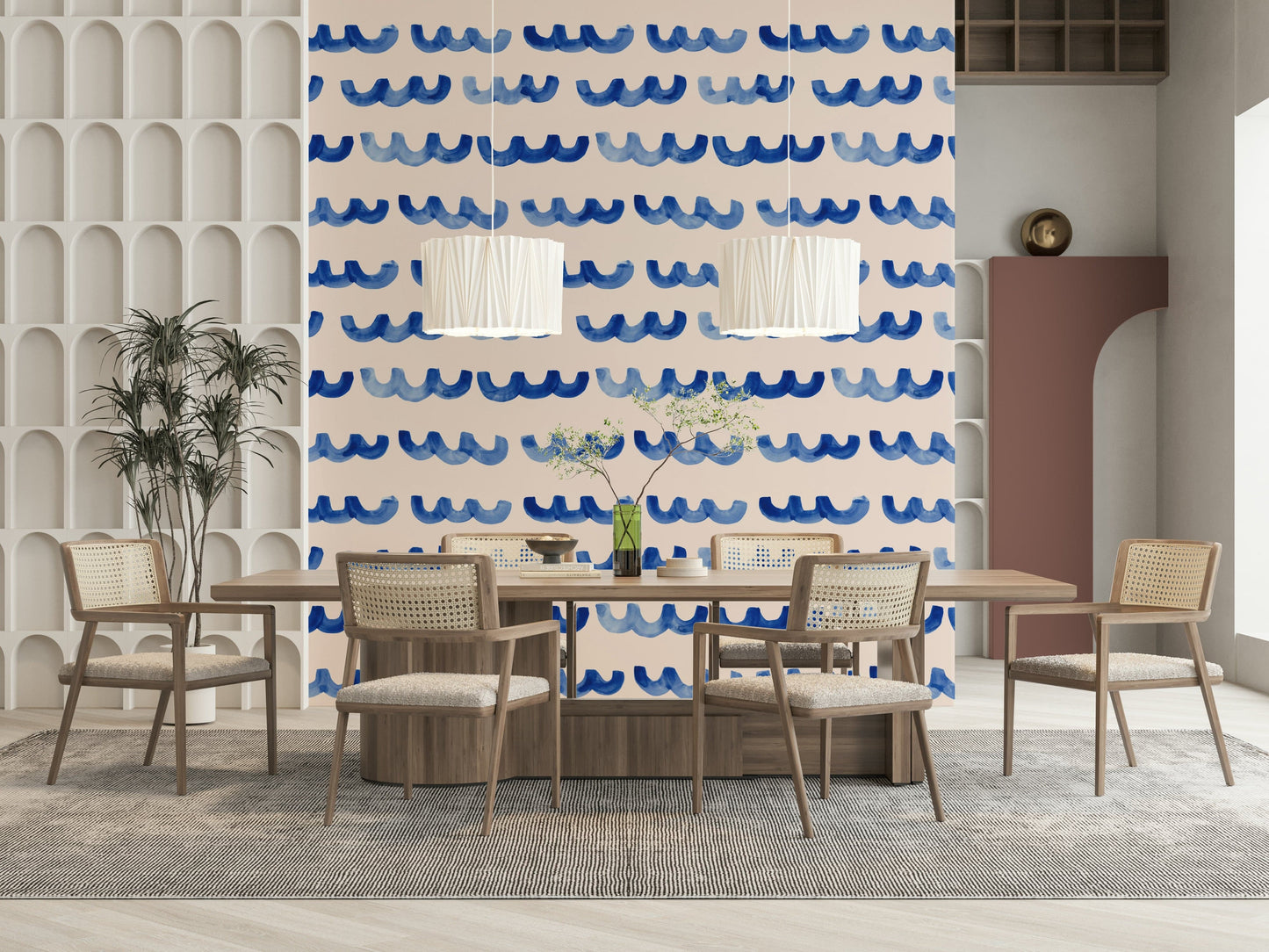 Indigo-toned wave mural with gentle gradients and artistic flow.