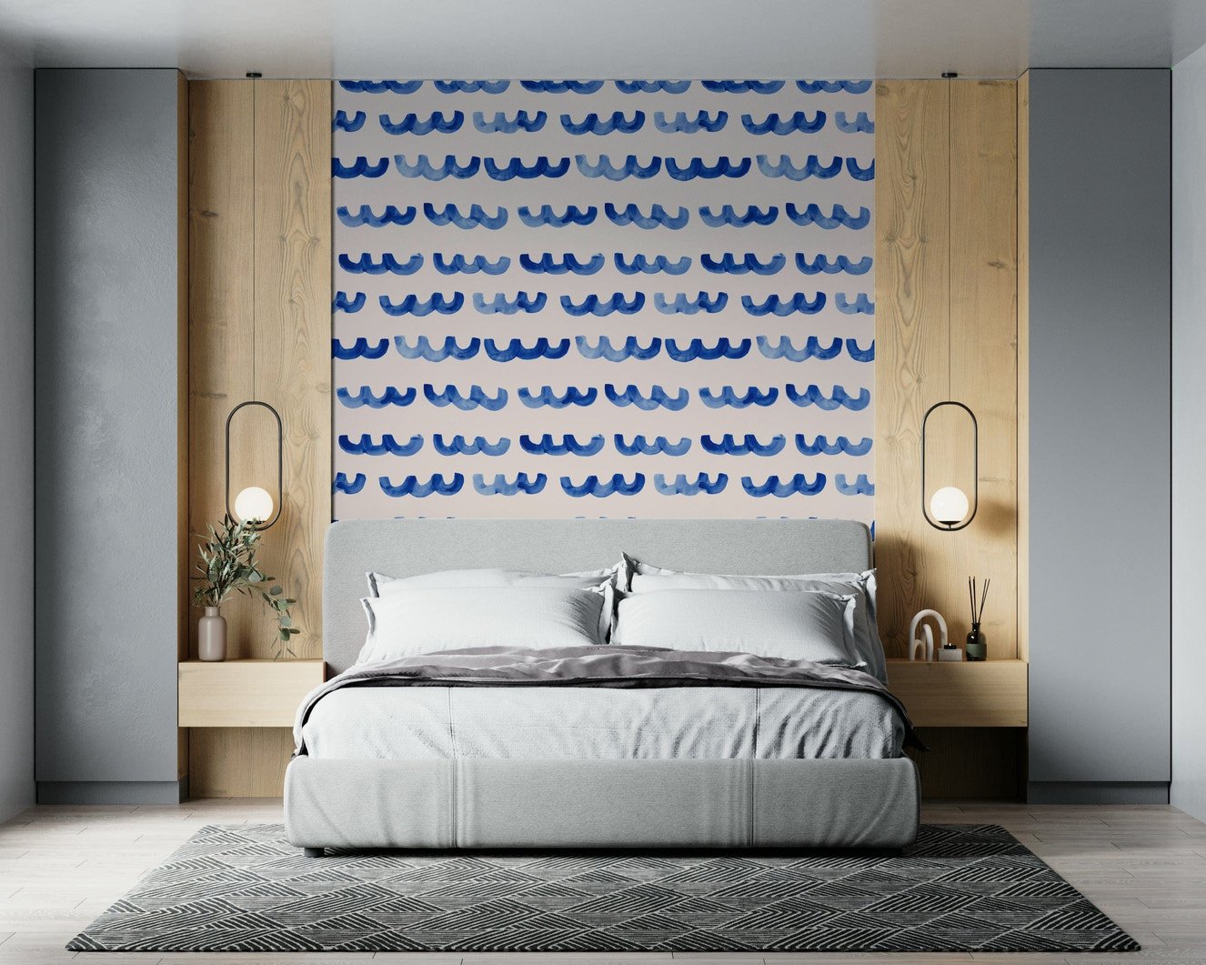 Indigo watercolor waves wallpaper featuring soft, flowing brushstroke waves.