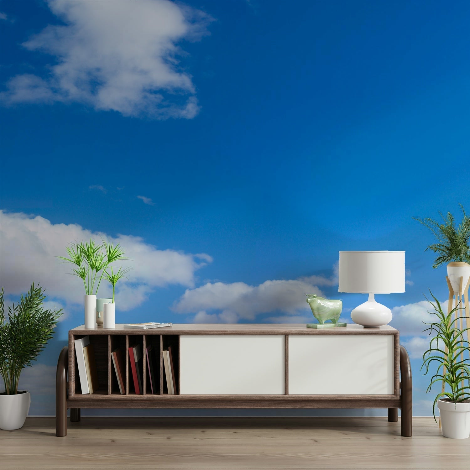 Blue wall mural creating a serene atmosphere in the room

