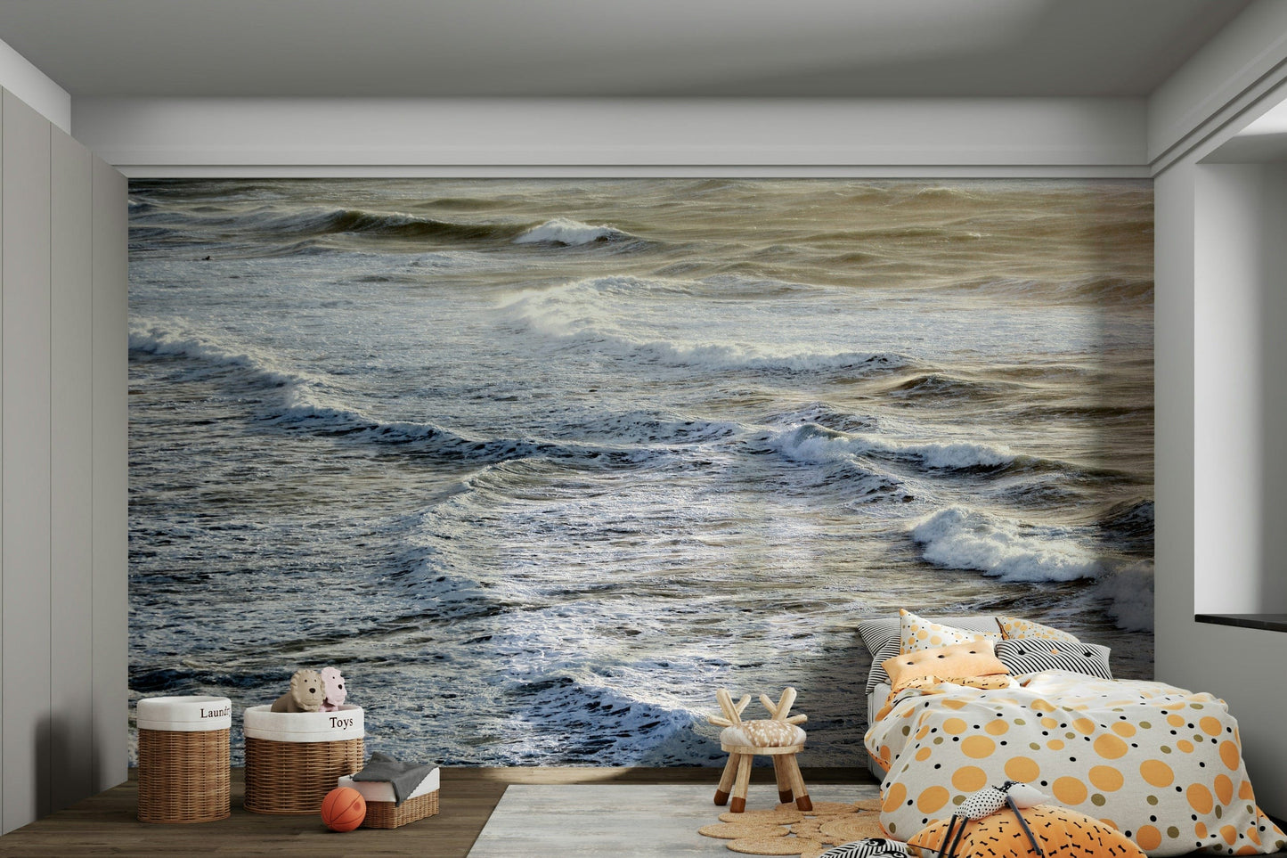 A calming water movement wallpaper mural that defines a space.

