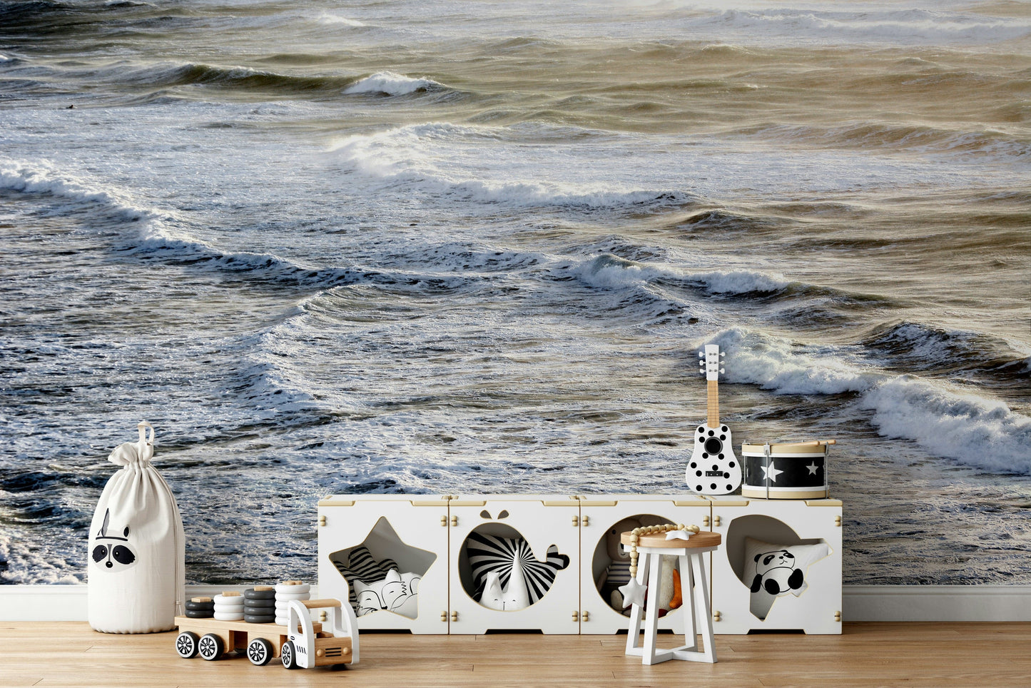 A peaceful endless horizon mural on decorative wallpaper.

