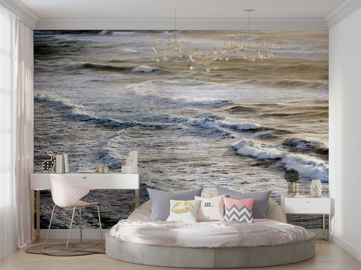 A graceful subtle water wall mural in cool, natural tones.

