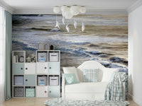 An artistic abstract ocean mural on minimalist wallpaper.

