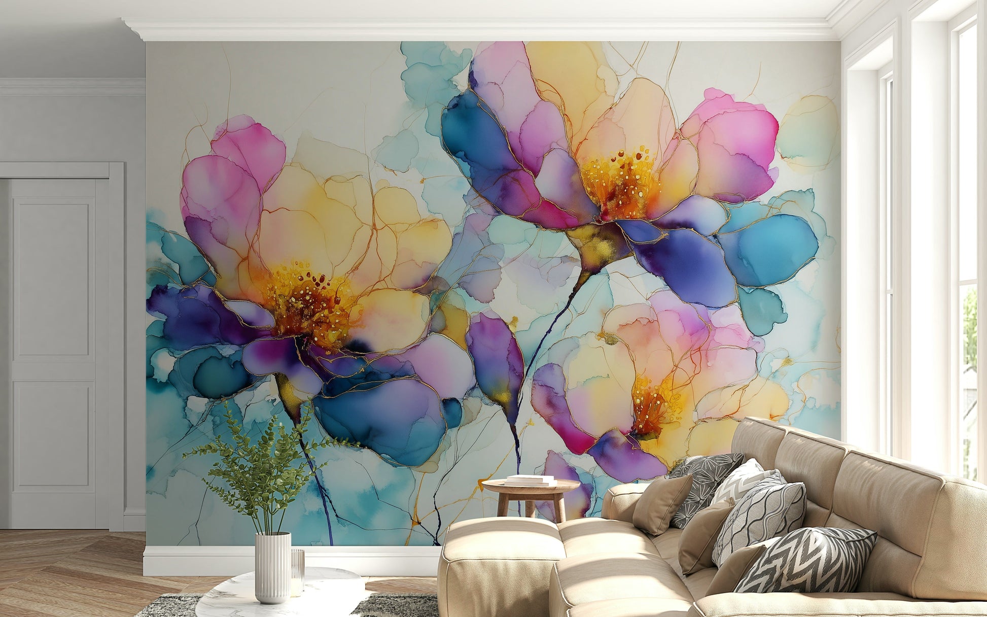 Colorful Ink Floral Dreams bright spring wallpaper for walls