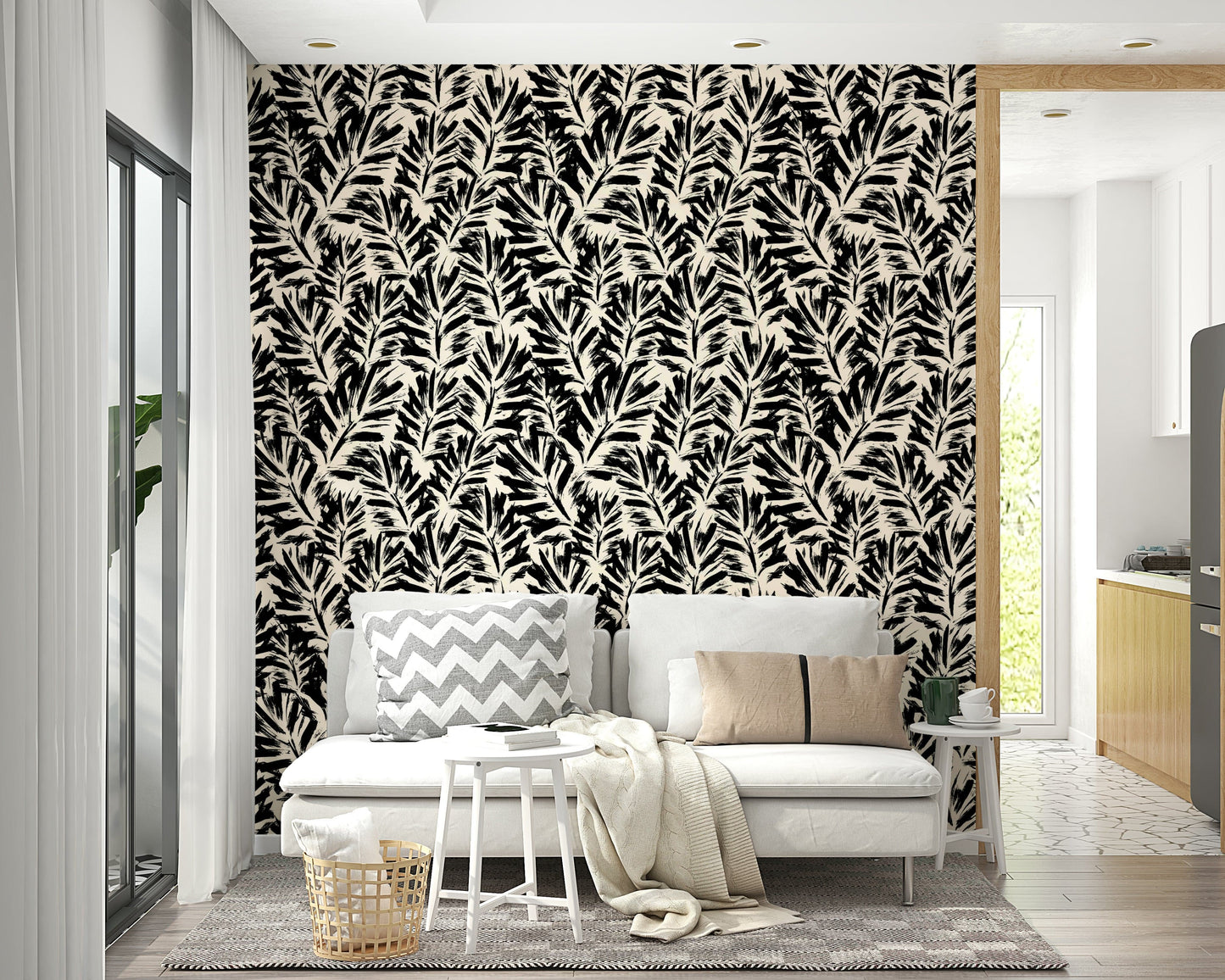 Hand Painted Leaves Wallpaper on a living room wall

