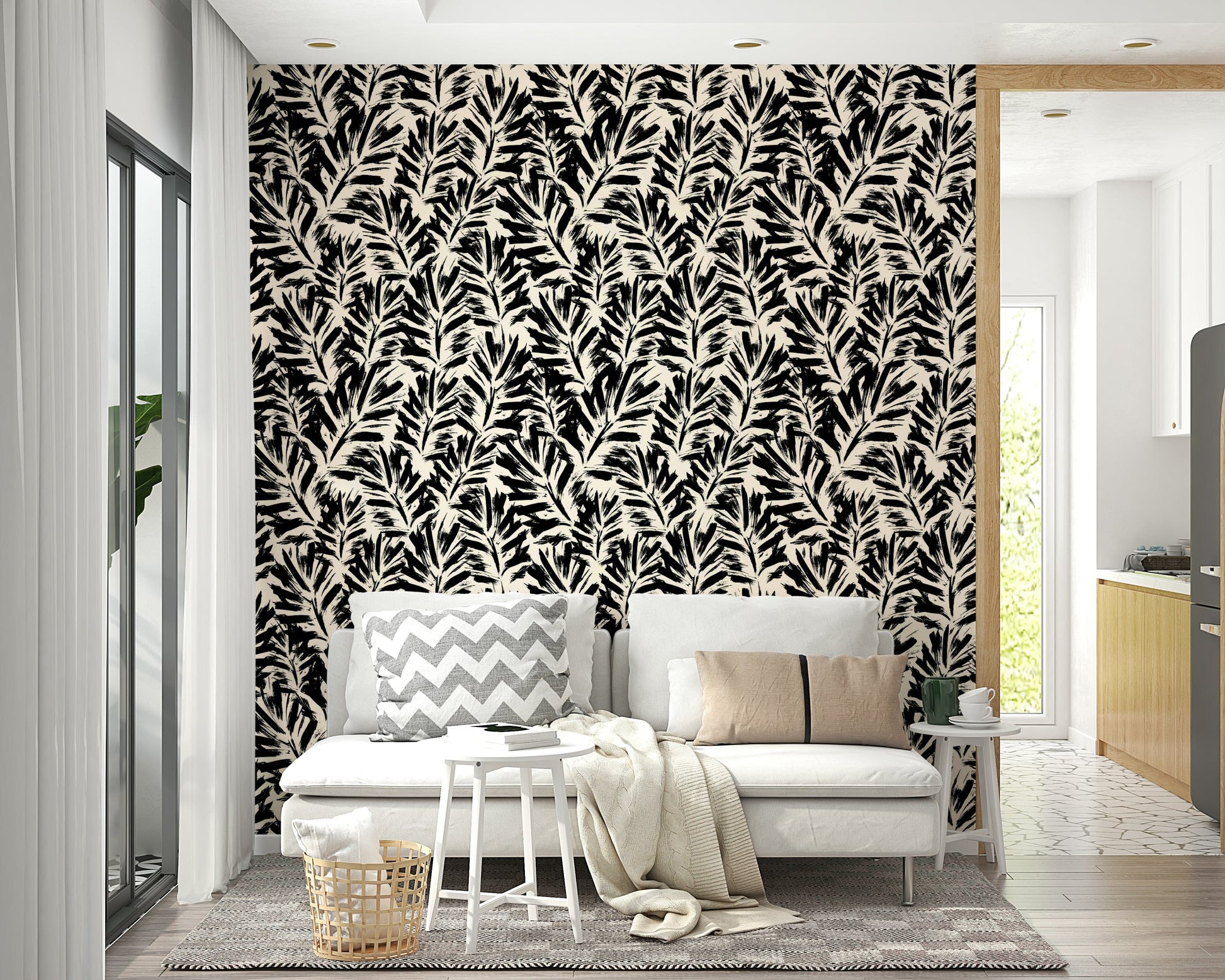 Hand Painted Leaves Wallpaper on a living room wall

