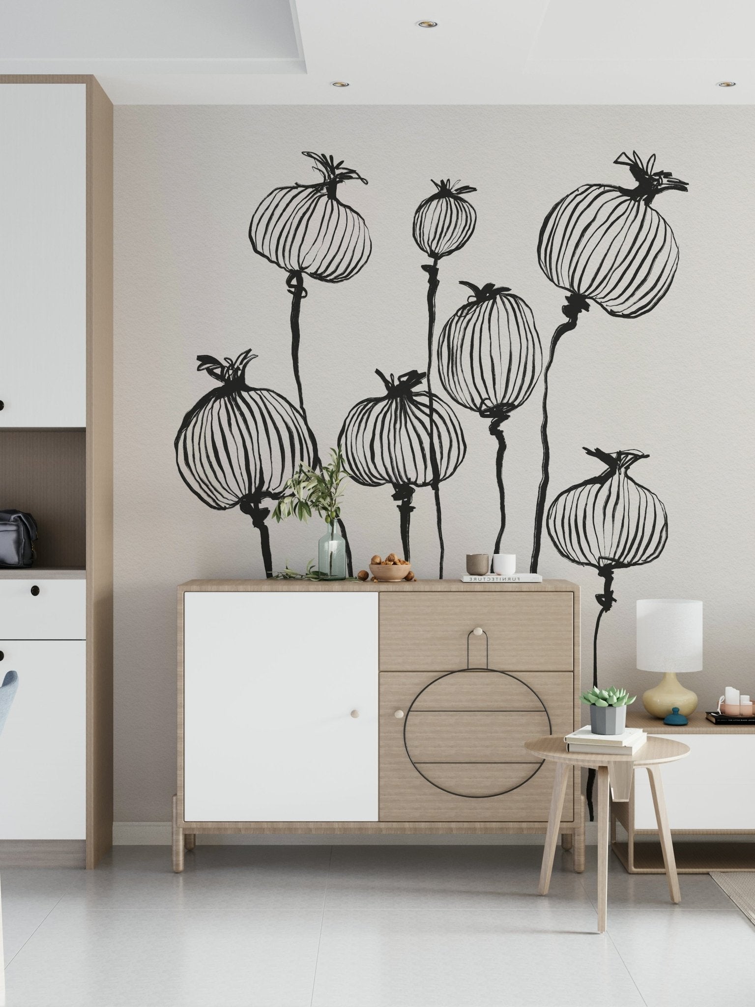 Ink Poppy Pods wallpaper mural of sketched poppy pods above a wood and white sideboard in an entryway