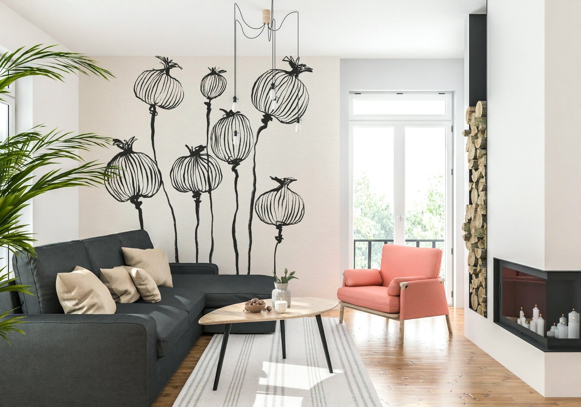 Ink Poppy Pods wallpaper mural of black ink pods behind a charcoal sectional and coral armchair in a living room