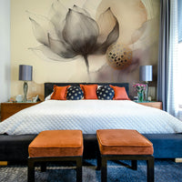 Blurred floral haze wall decor in a contemporary dining area with natural lighting.