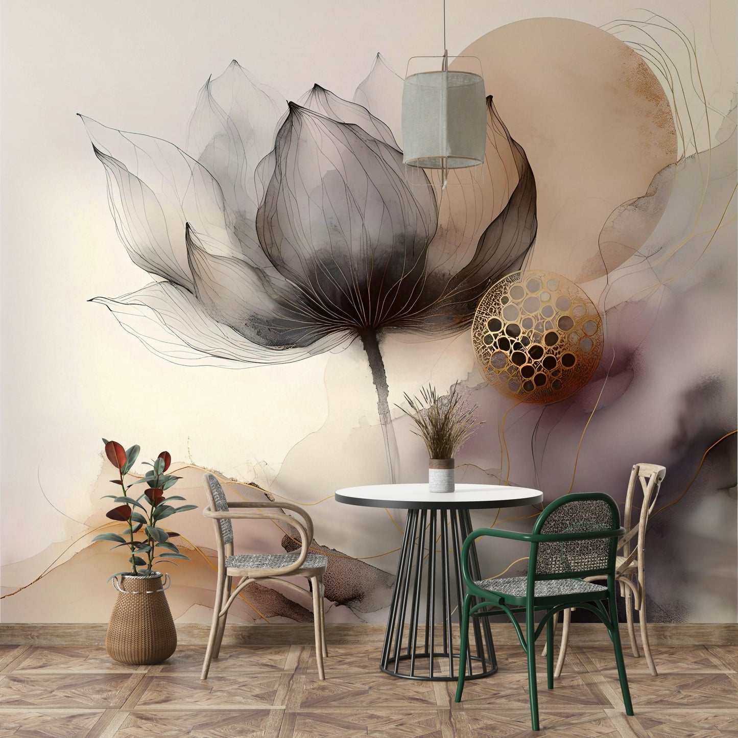 Ink Wash Floral Haze Wall Mural creating a focal point in a high-end lounge area.