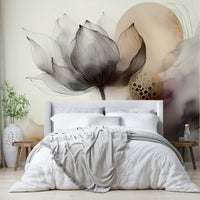 Ink Wash Floral Haze Wall Mural behind a neutral linen sofa in a stylish urban apartment.