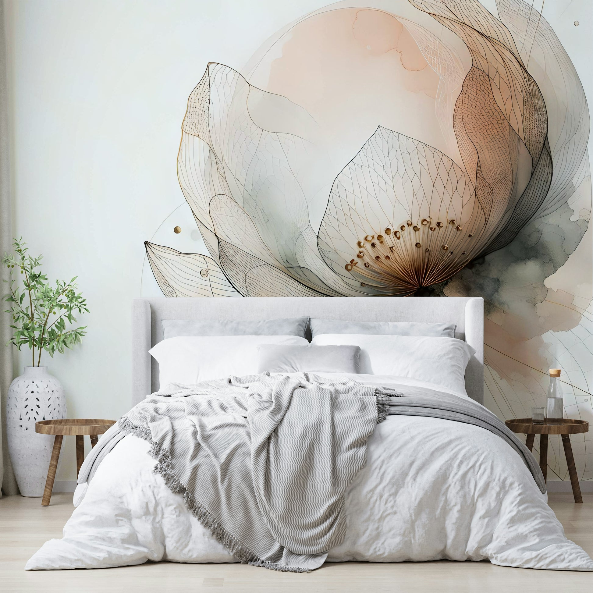 Ink Wash Lotus Dream Wall Mural behind a neutral linen sofa in a stylish apartment.