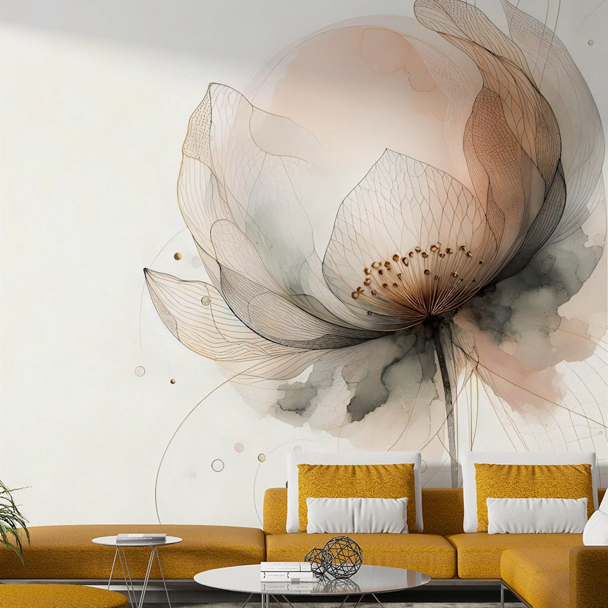 Moody floral art for a hallway transition in a modern open plan house.