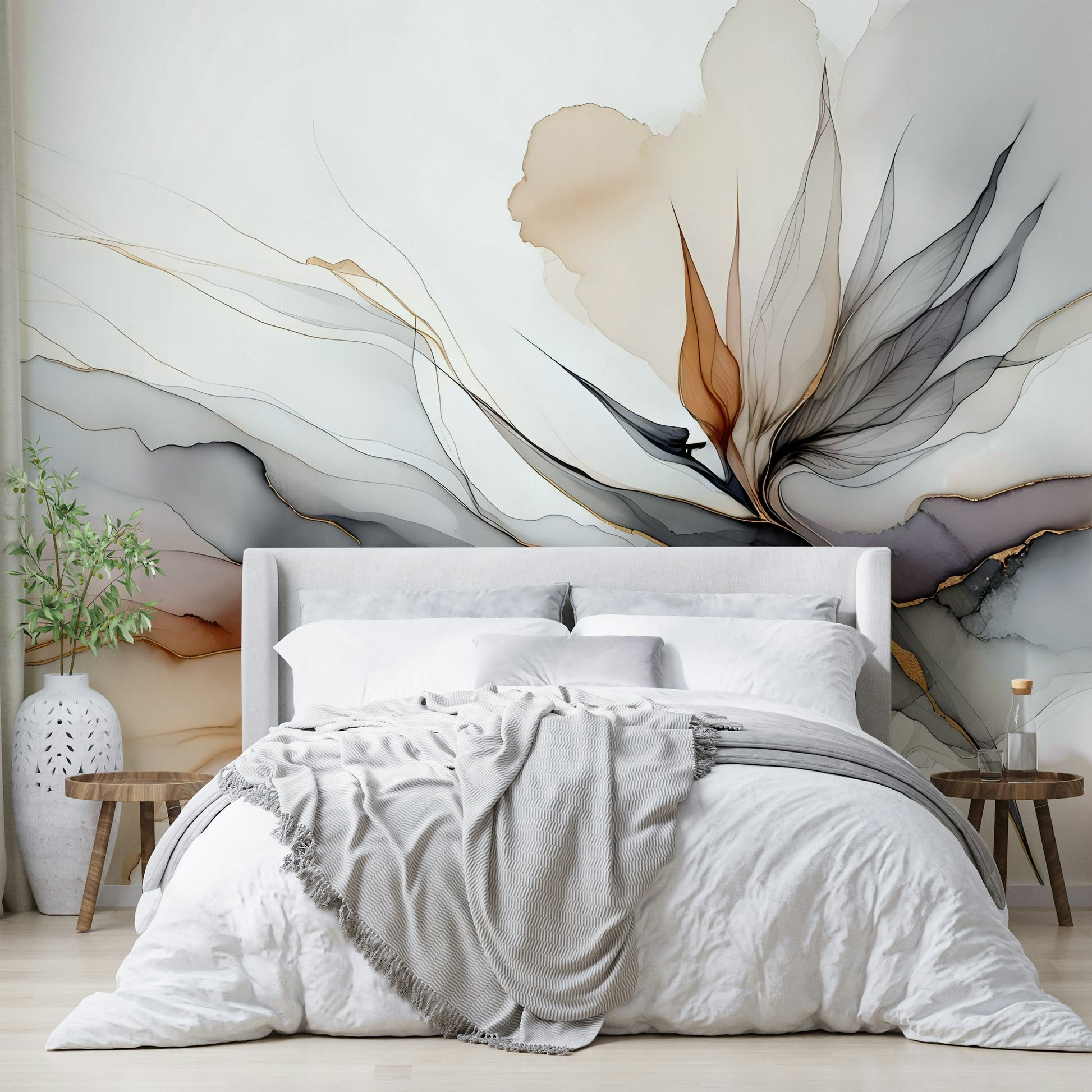 Soft focus tropical wallpaper for a meditation space with minimalist wood decor.