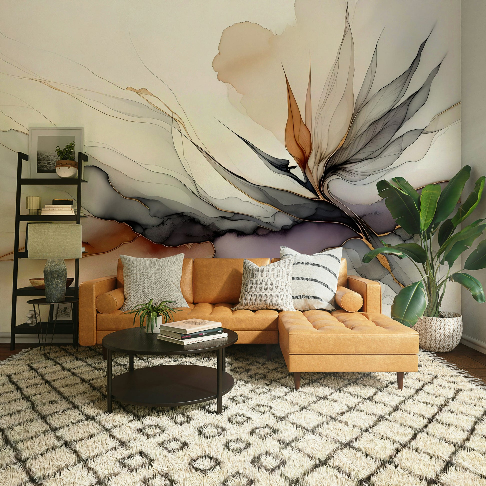 Abstract plant silhouettes on a textured background for a peaceful nursery room.