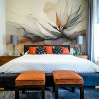 Contemporary ink brush mural for a creative studio with bright interior lighting.