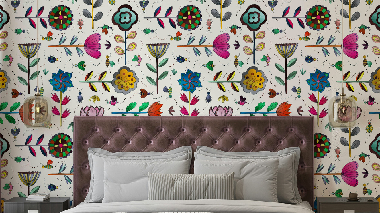 Insects and Flowers white wallpaper with fine detail

