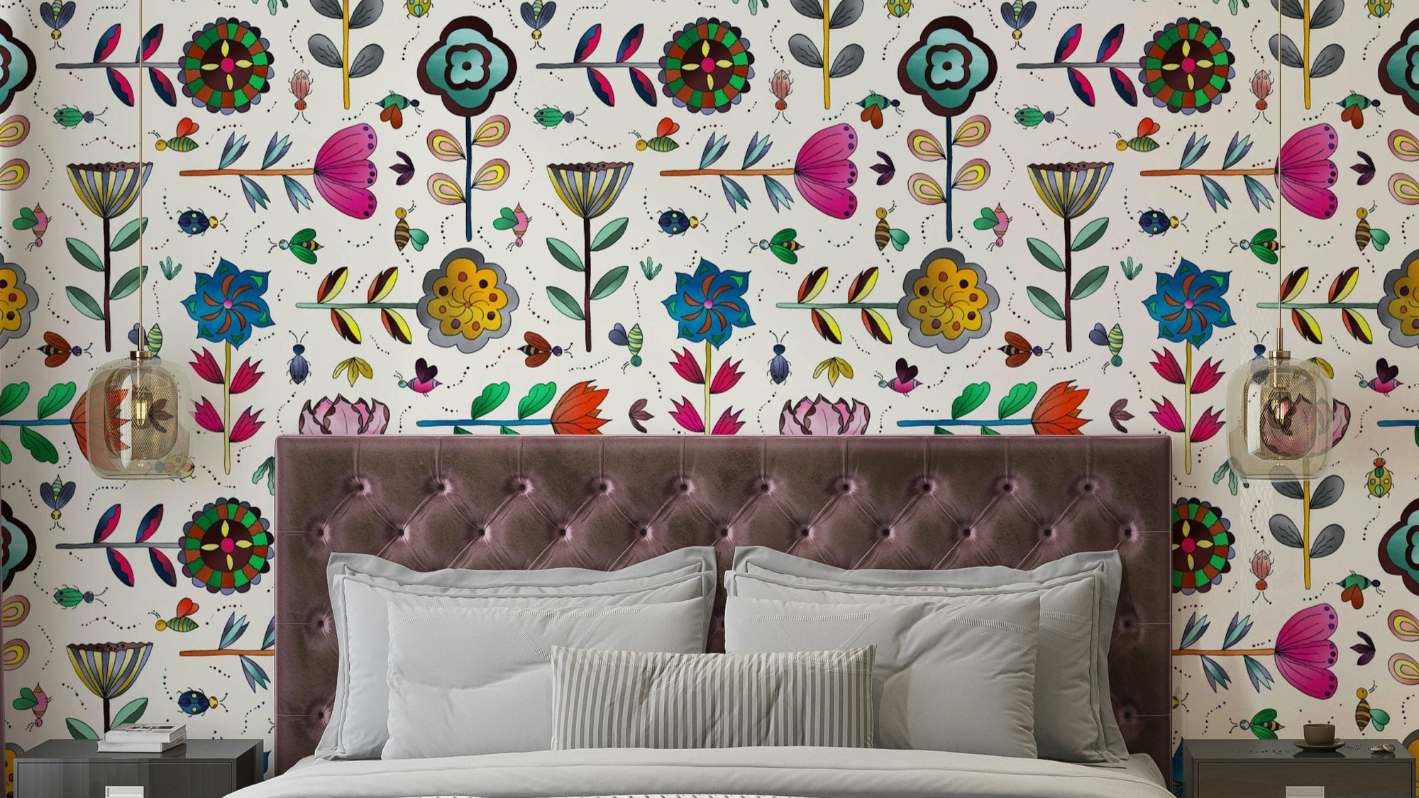 Insects and Flowers white wallpaper with fine detail

