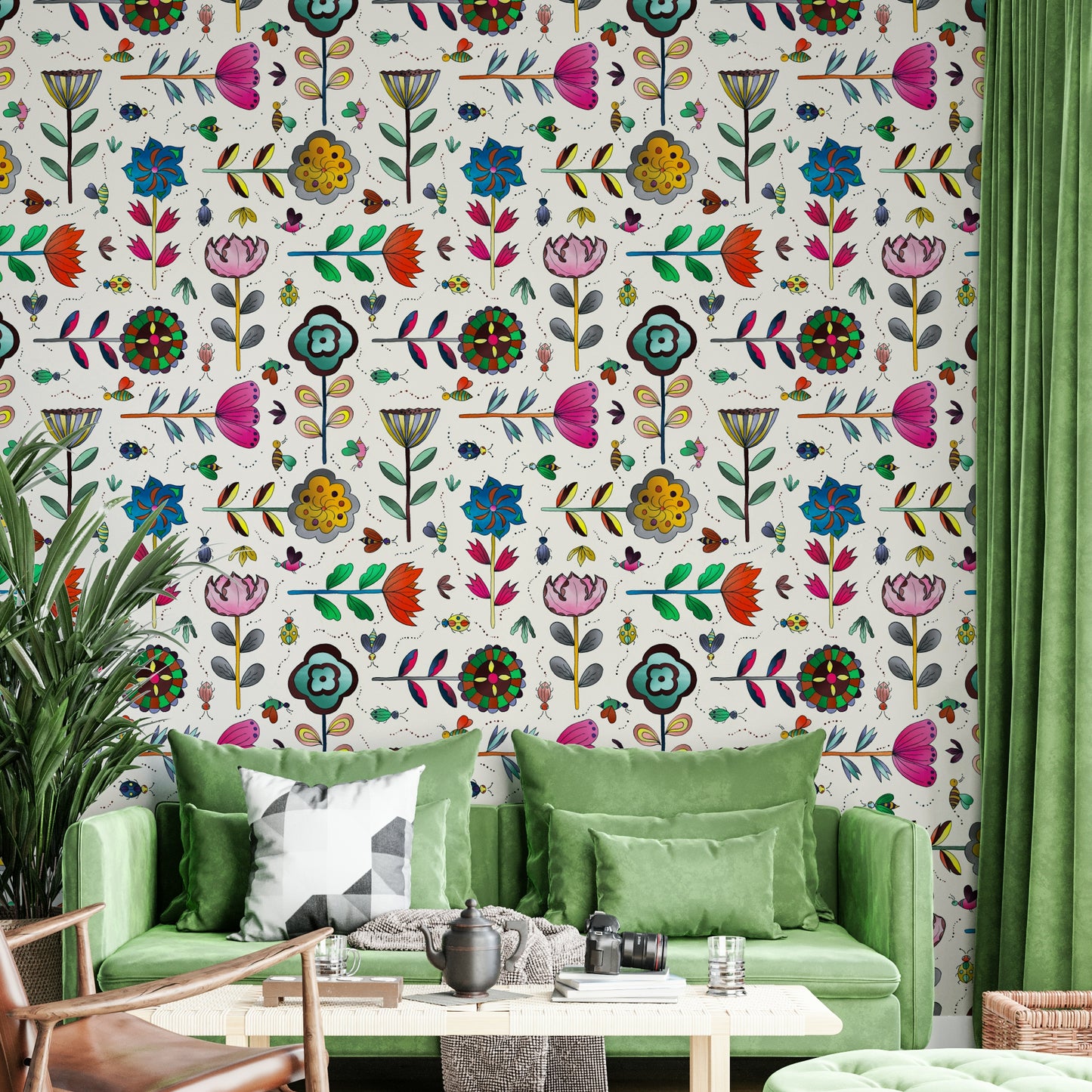 Subtle insect and plant wallpaper for calm decor

