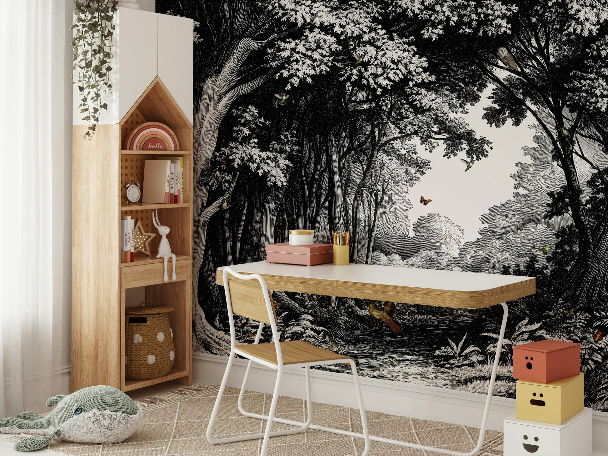 Monochrome forest landscape mural with depth

