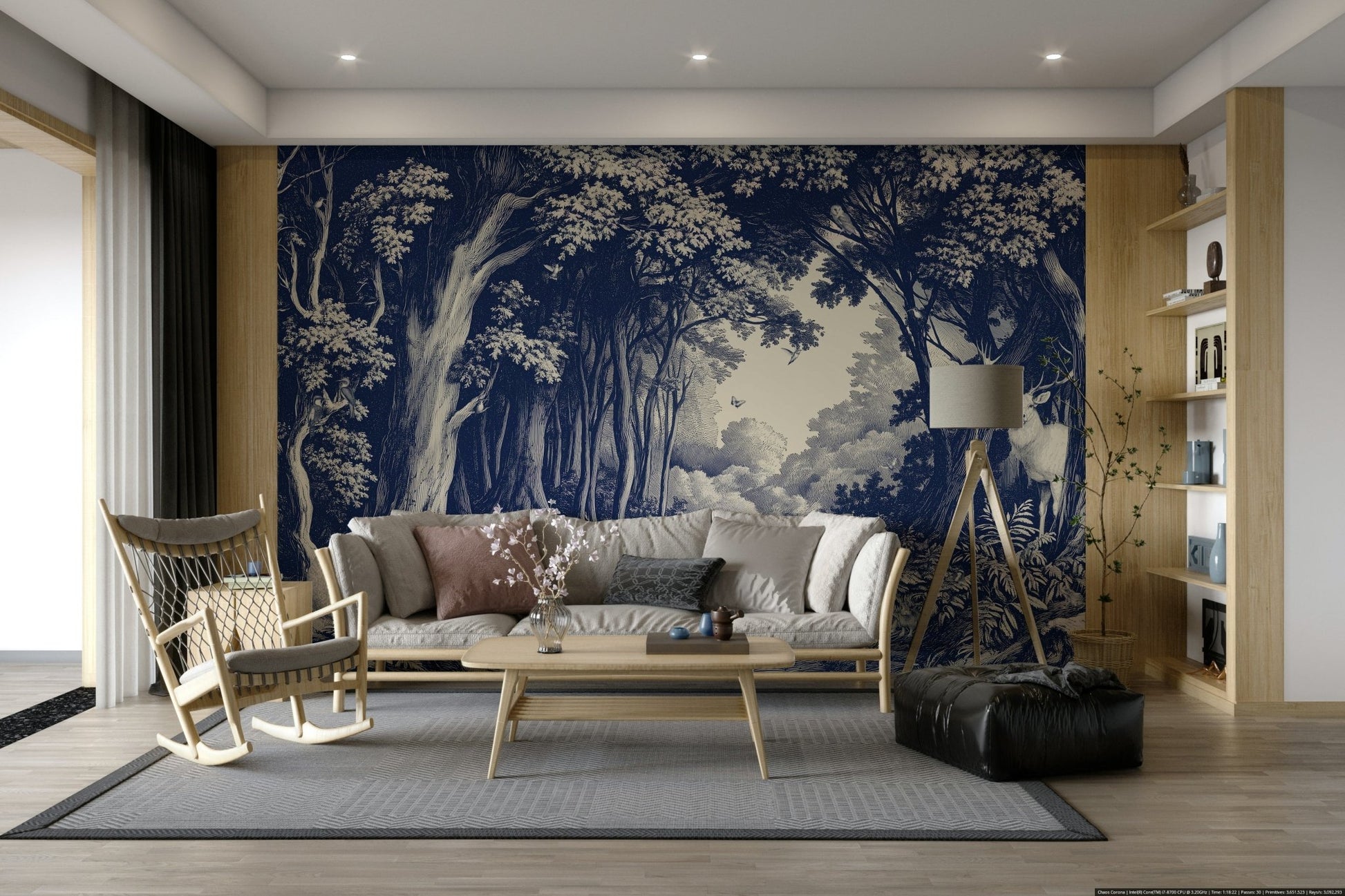 Blue-toned forest mural with serene atmosphere

