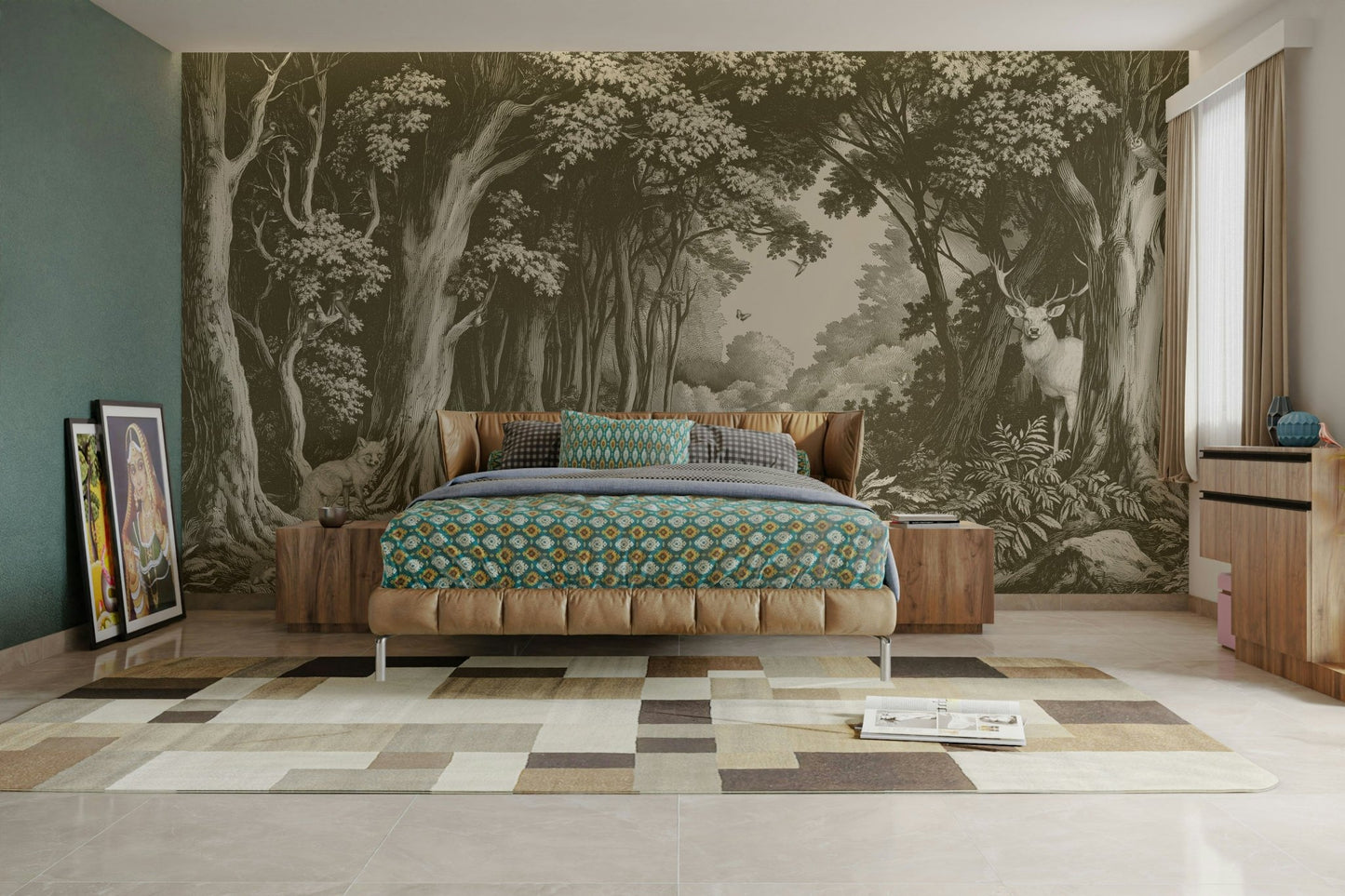 Tranquil forest wall mural in earthy green tones

