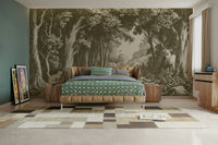 Tranquil forest wall mural in earthy green tones

