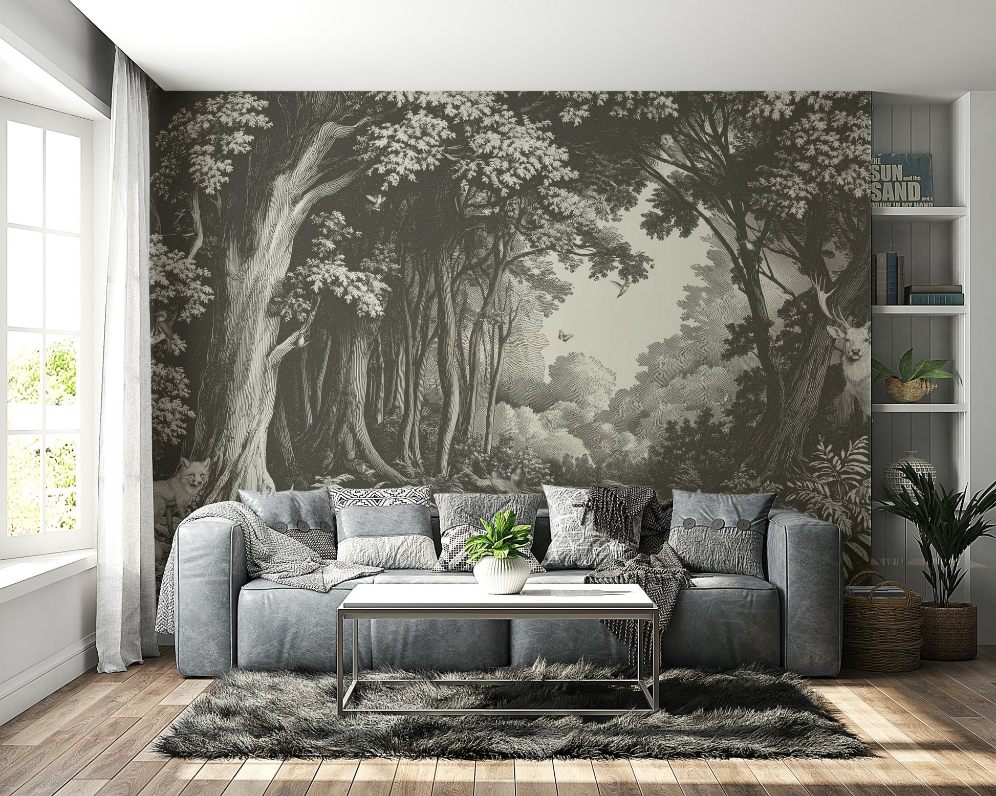 Tree silhouette wall mural with slate mist effect

