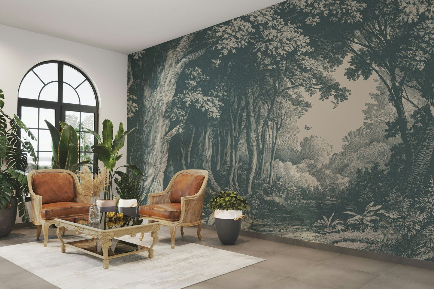 Wall mural with teal forest for cozy interiors

