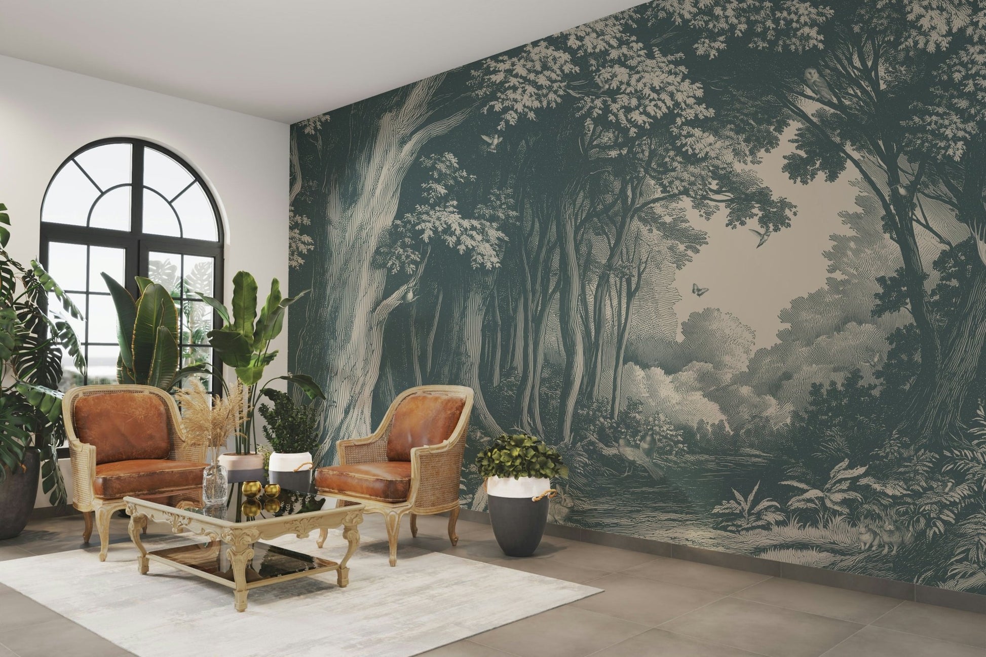 Wall mural with teal forest for cozy interiors

