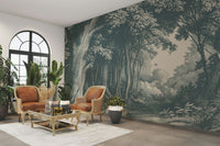 Wall mural with teal forest for cozy interiors

