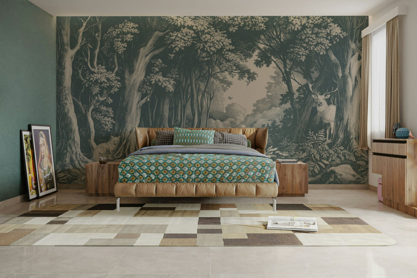 Into the Forest Wall Mural in deep teal tones

