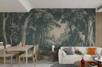 Mystical woodland mural in calming teal hues

