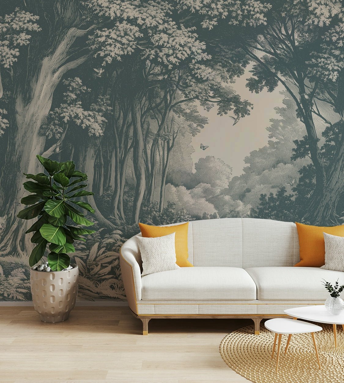 Teal wall mural featuring tranquil forest scene

