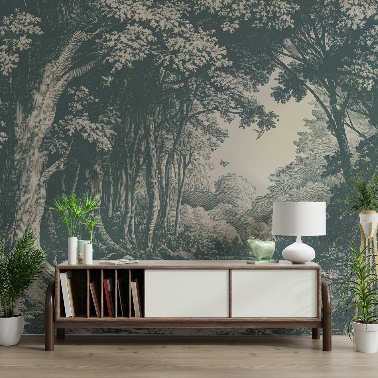 Forest landscape mural in rich teal color palette

