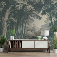 Forest landscape mural in rich teal color palette

