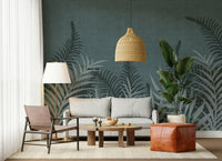 Lush green and grey Fog wall mural palm leaves fabric texture home decor.