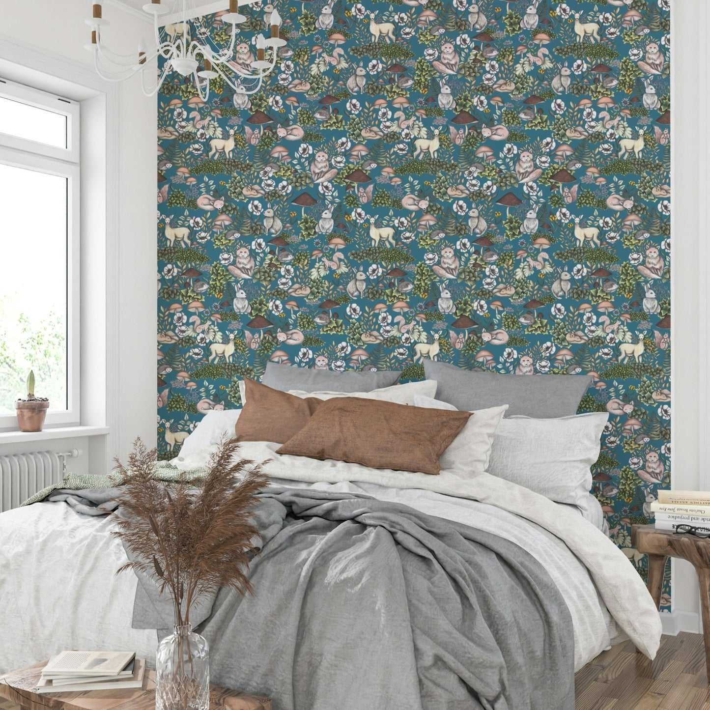 Teal background with forest animals
