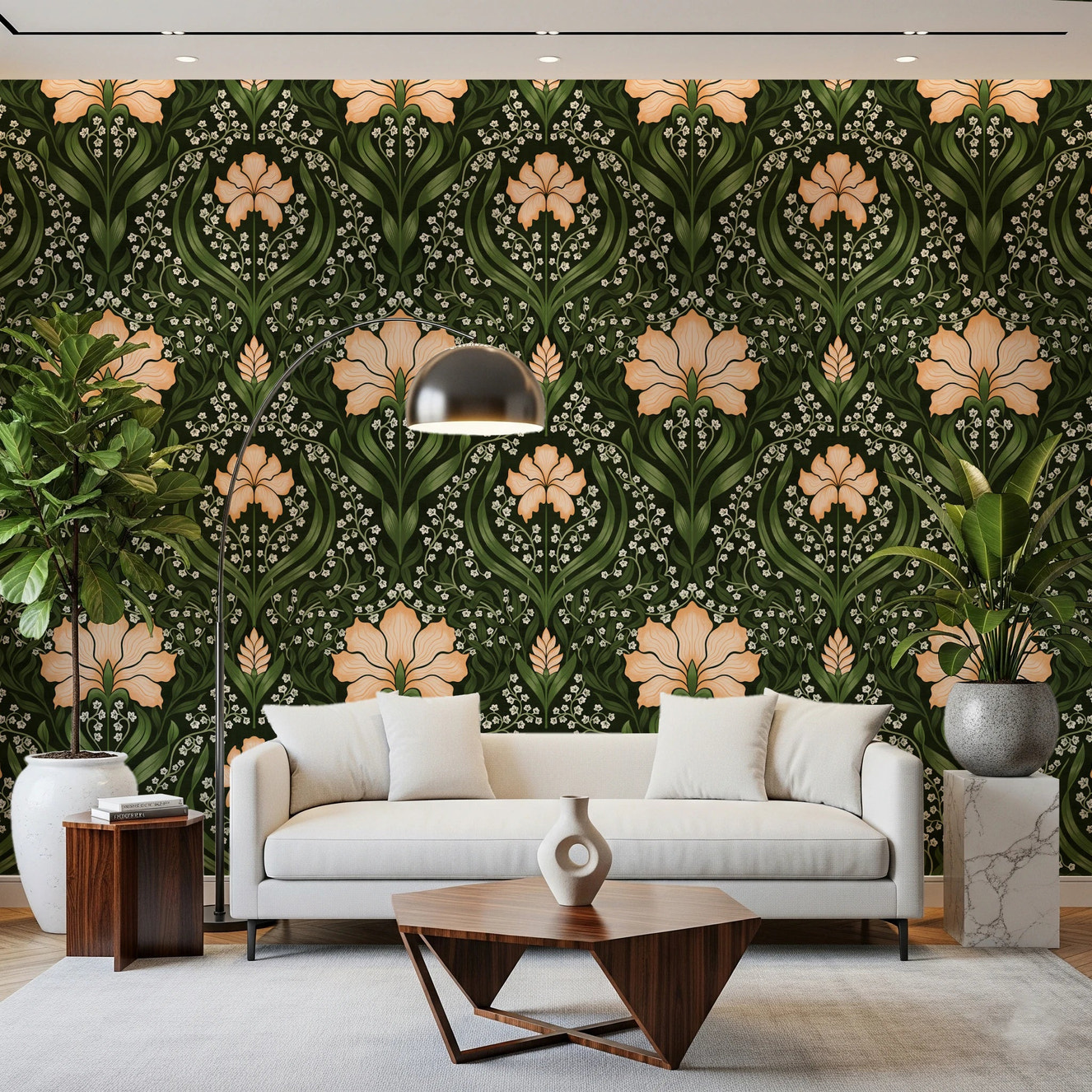 Intricate floral damask - apricot Wallpaper⁠