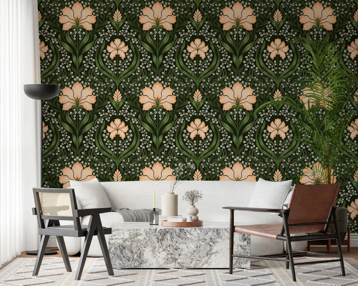 Intricate floral damask - apricot Wallpaper⁠
