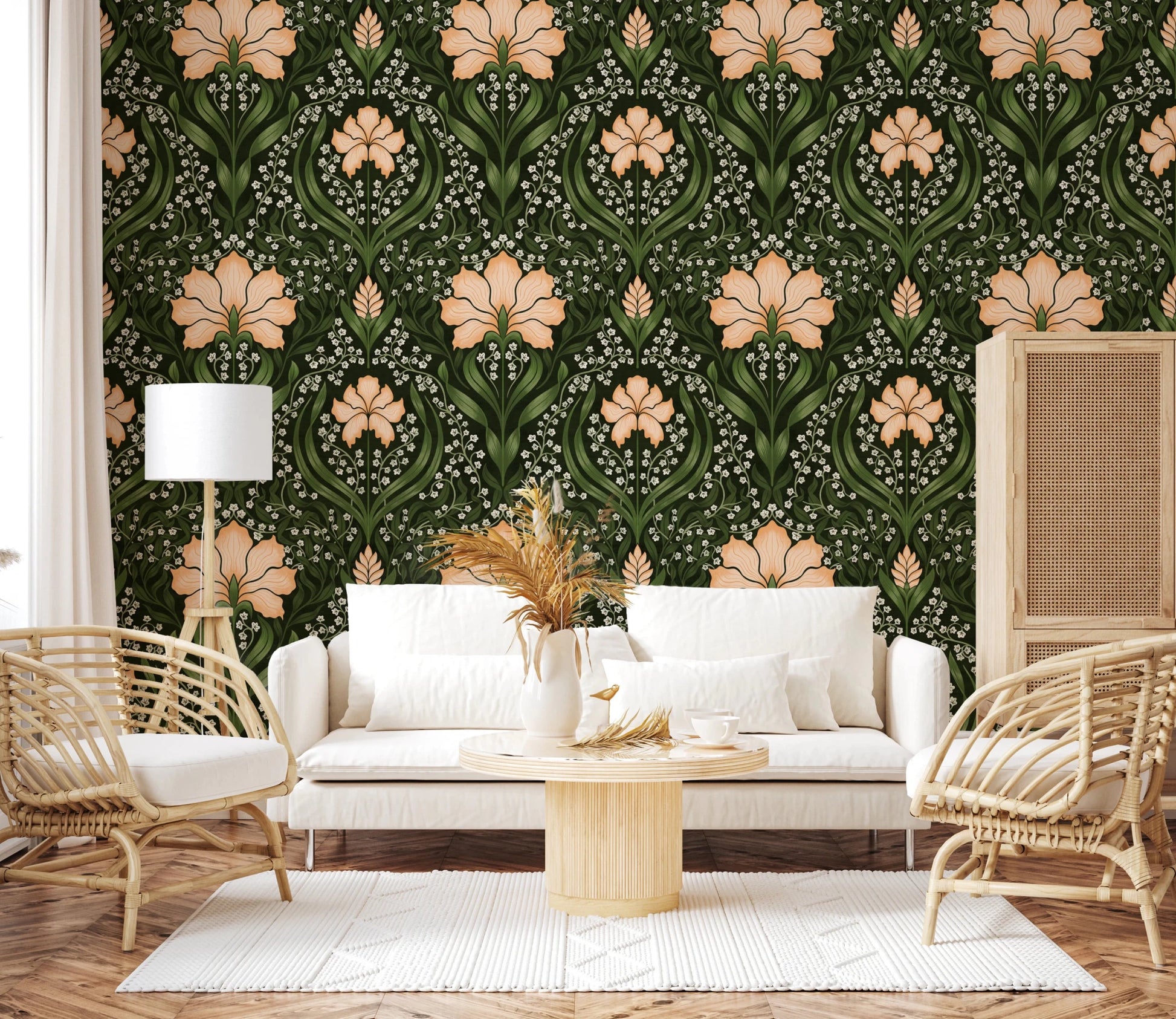 Intricate floral damask - apricot Wallpaper⁠