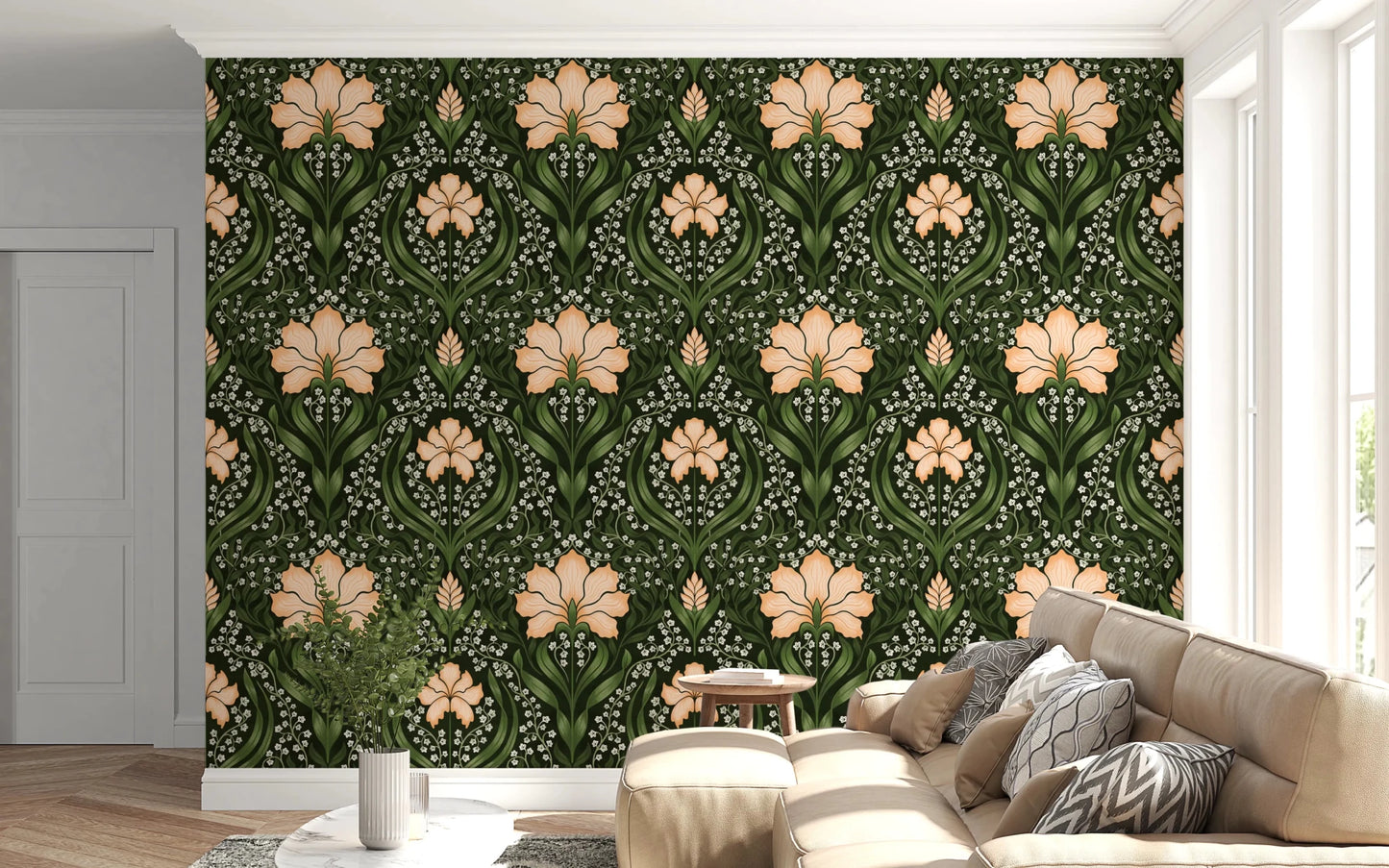 Intricate floral damask - apricot Wallpaper⁠