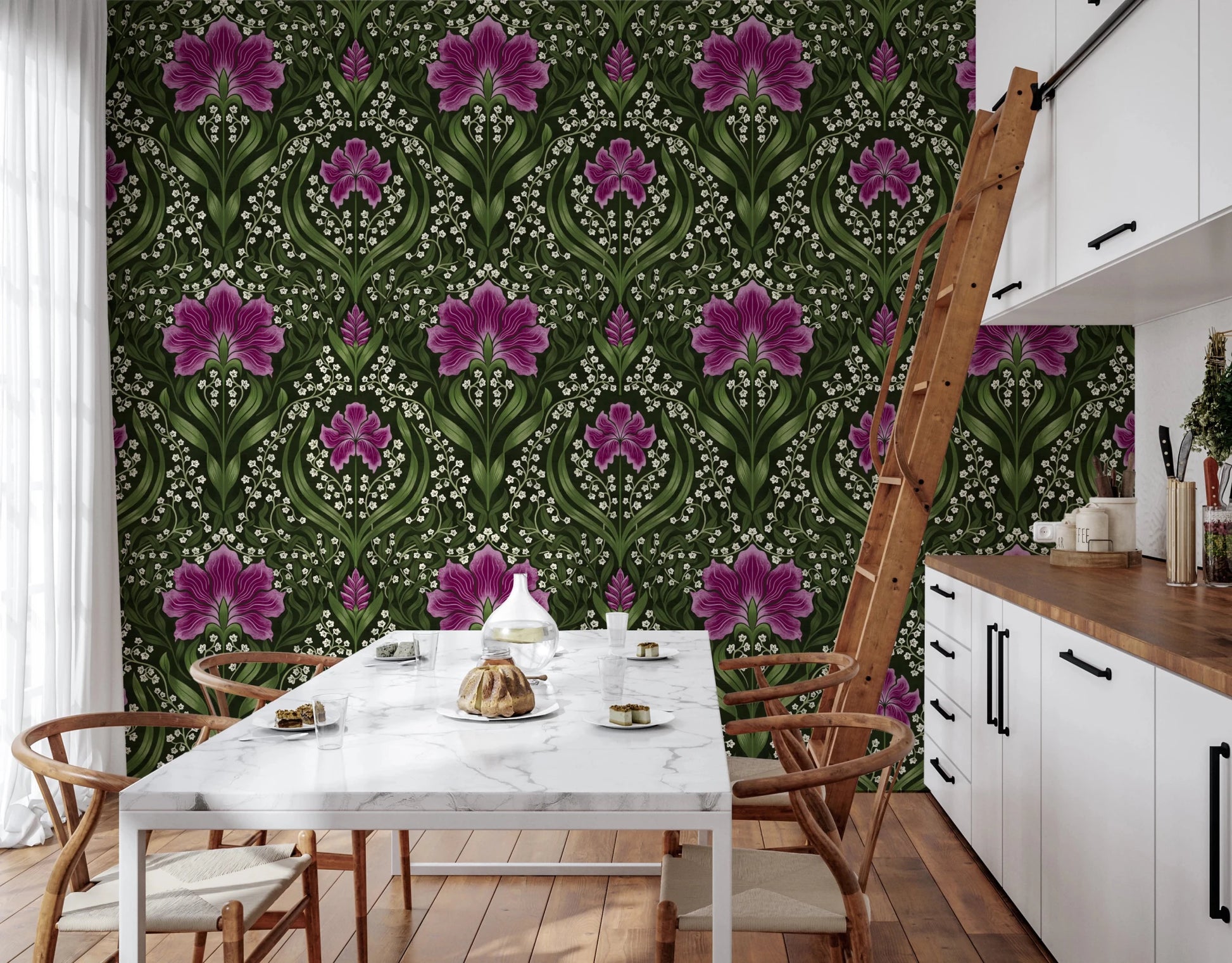 Intricate floral damask - purple Wallpaper⁠
