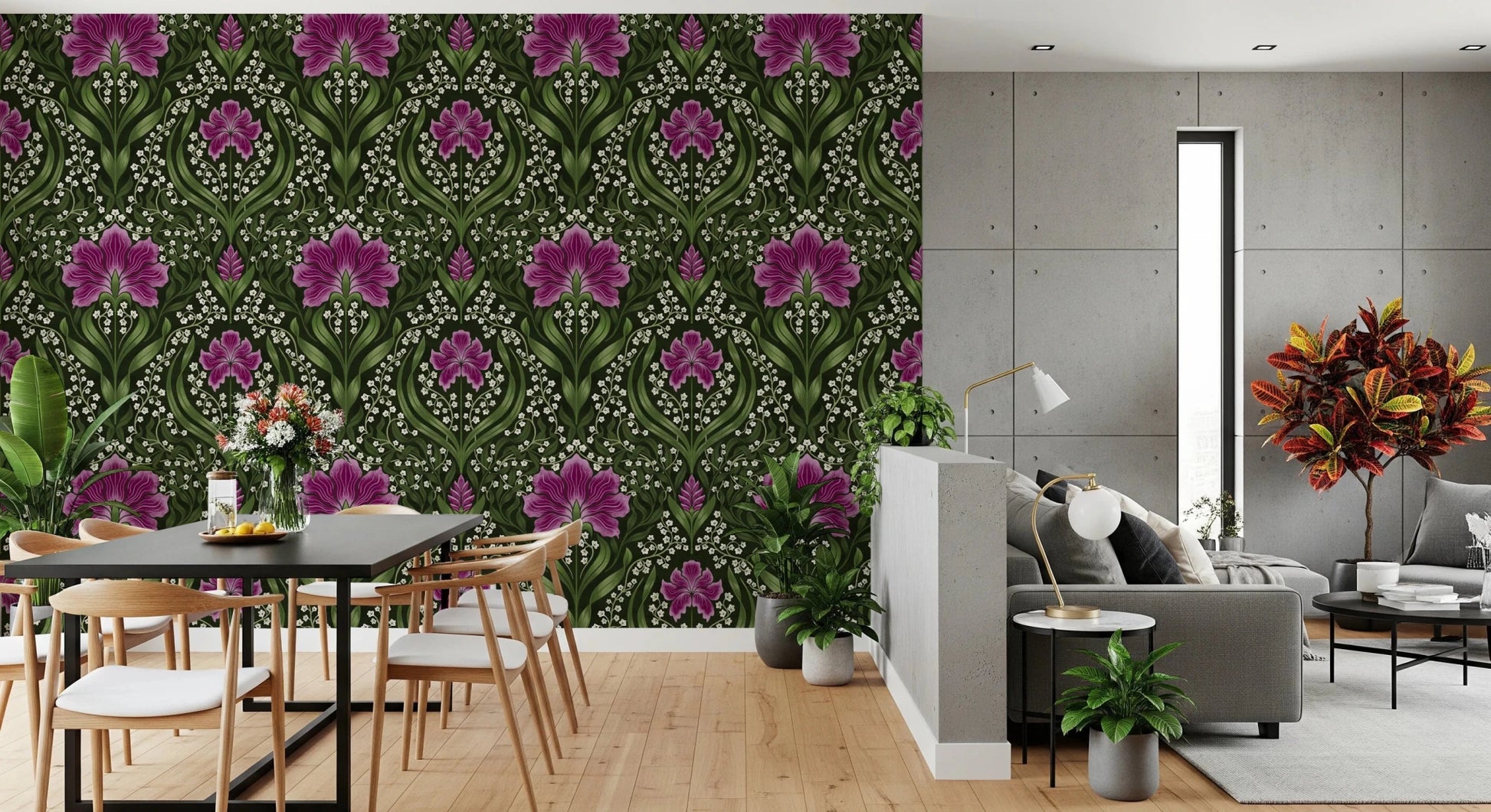 Intricate floral damask - purple Wallpaper⁠