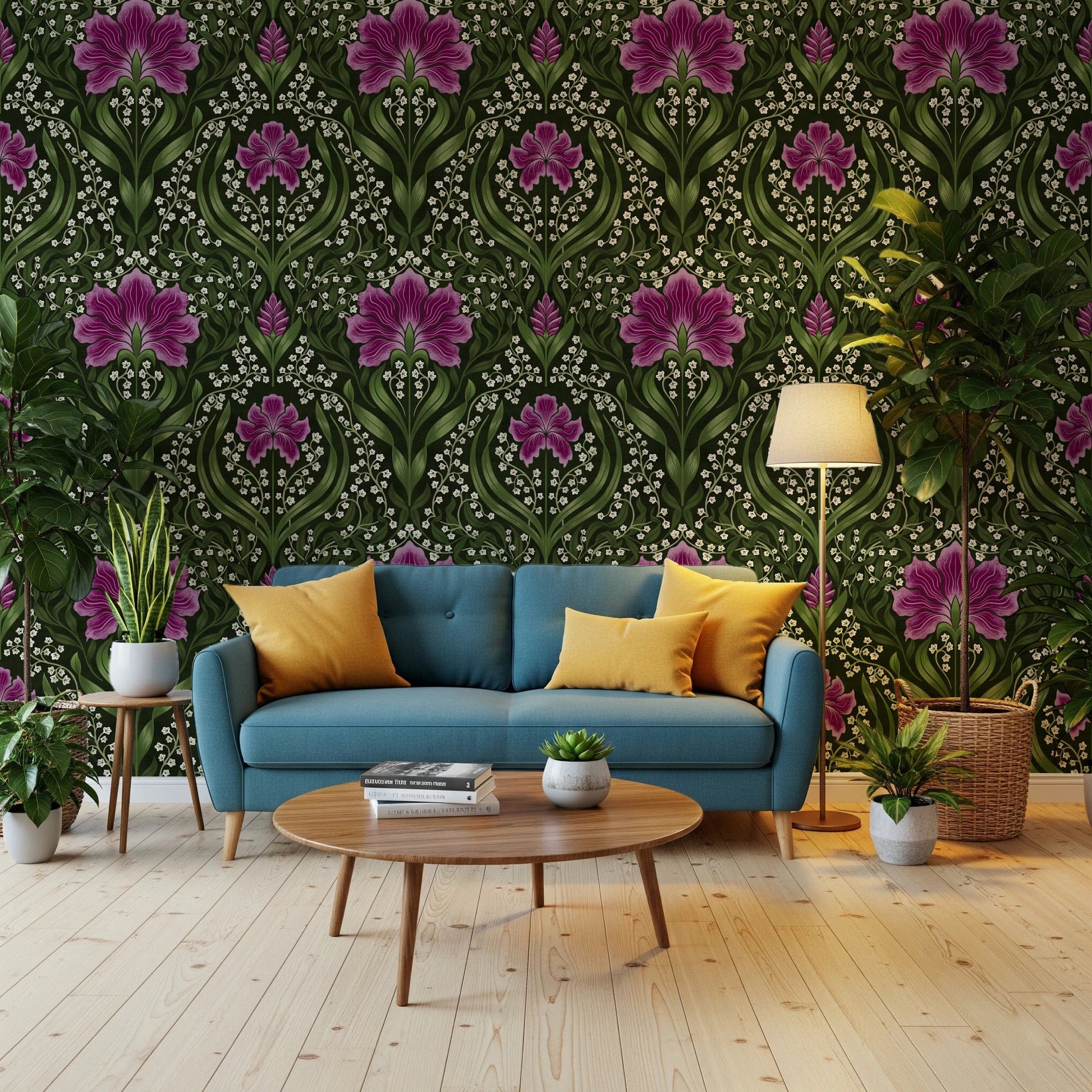 Intricate floral damask - purple Wallpaper⁠