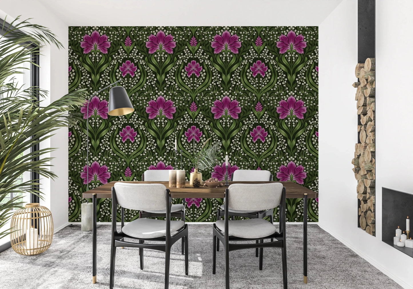 Intricate floral damask - purple Wallpaper⁠